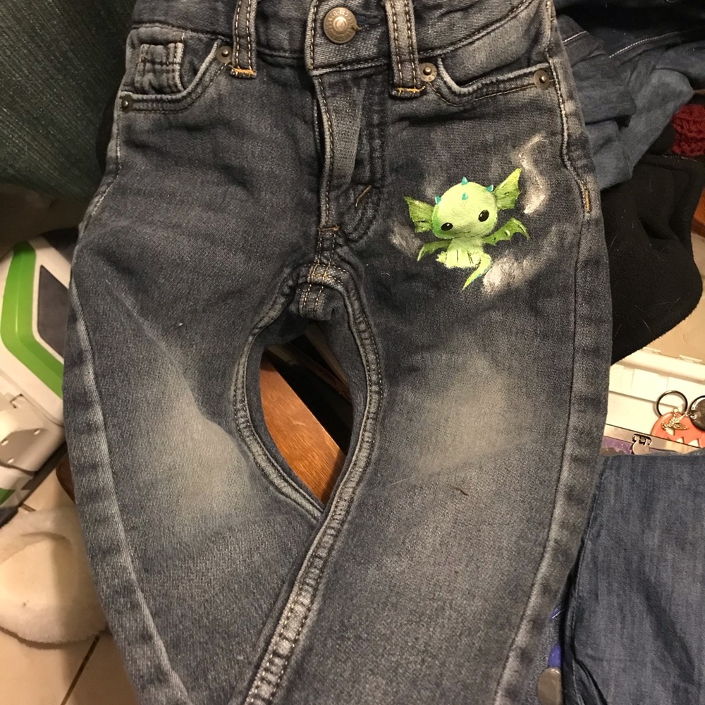 Kids Dark Wash Blue Jeans with Green Dragon